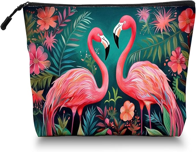 Scribesense Cosmetic Bags Travel Makeup Toilet Case Waterproof Pouch for Women Girls 6.7X9.45inches - Two Flamingos in A Tropical Floral Setting