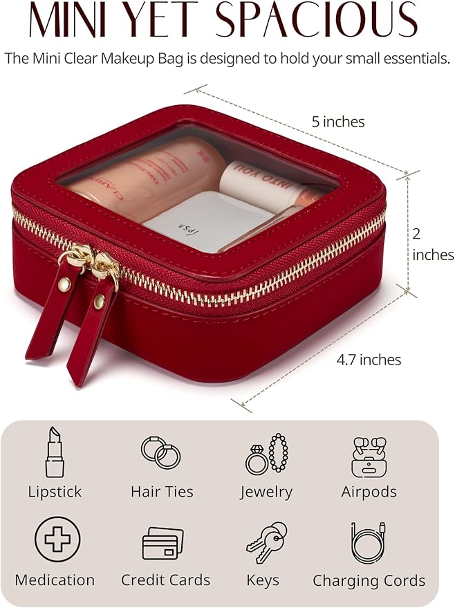 Popvibe Clear Makeup Bag Travel Cosmetic Case Toiletry Bag with Zipper, Portable Make Up Organizer Traveling Compact Car Bag for Essentials, Red, Mini