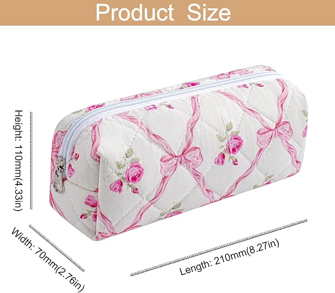 HHQQWZ Cute Floral Cotton Makeup Brush Cosmetic Bag for Women, Travel Quilted Zipper Make Up Bag, Flowers Toiletry Organizer Case Kawaii Makeup Cosmetic Travel Cloth Pouch (Pink Bowknot+Blue Bowknot)