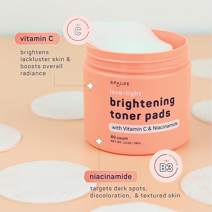 SpaLife Brightening Korean Toner Pads | For Uneven Skin Tone, Dark Spots & Discoloration, Clogged Pores, Dullness with Vitamin C, Niacinamide | Pre-Soaked Pads | 60 Count