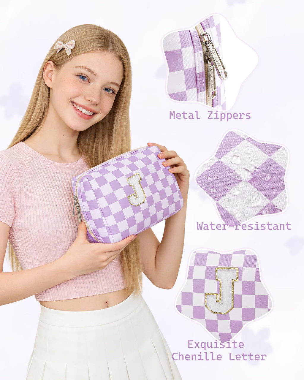 Narwey Birthday Gifts for Women Teen Girls Kids Personalized Initial Makeup Bag Monogram Preppy Cosmetic Bag Trendy Stuff 6 8 10 11 12 13 14 16 18 Years Old Travel Toiletry Bag (Purple J-1)