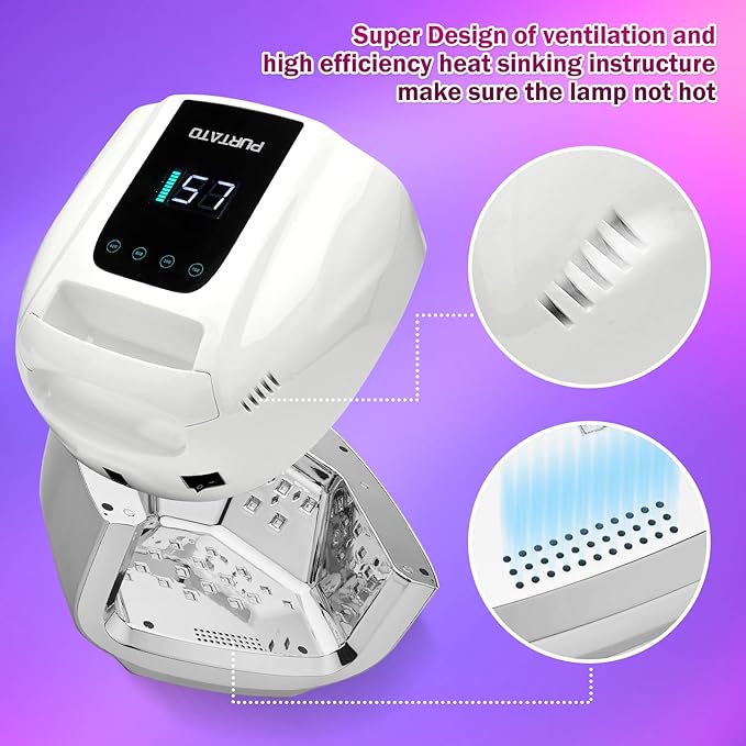 PURTATO Professional Rechargeable 96W UV LED Portable Cordless UV Light for Nail Lamp Machine with Removable Stainless Steel Bottom,4 Timer Setting and Smart Sensor Nail Dryer (White)