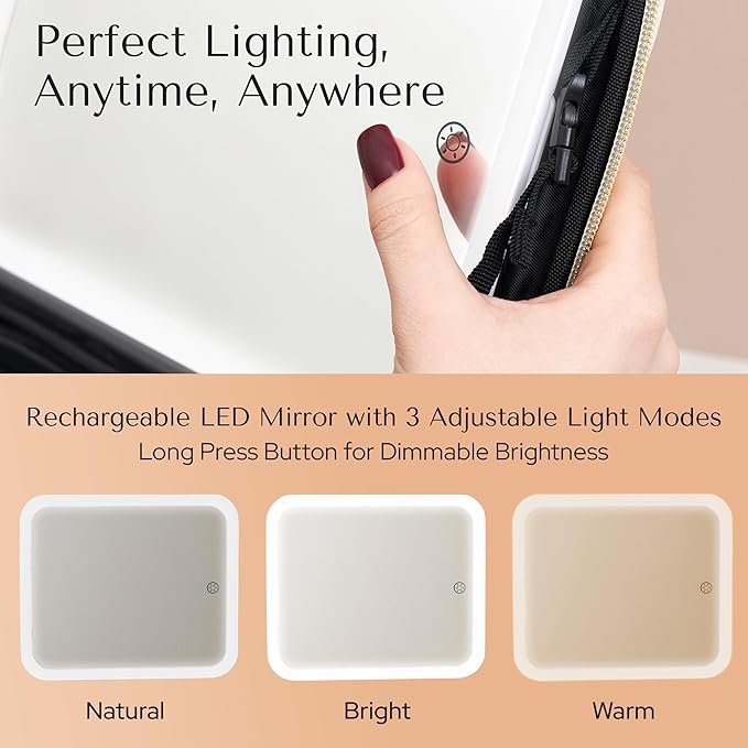 Aura In Bloom Makeup Bag with LED Mirror – Travel Cosmetic Organizer with Lighted Mirror, Adjustable Dividers & Brush Holder Storage – Portable PU Leather Makeup Case for Women & Girls - Cream