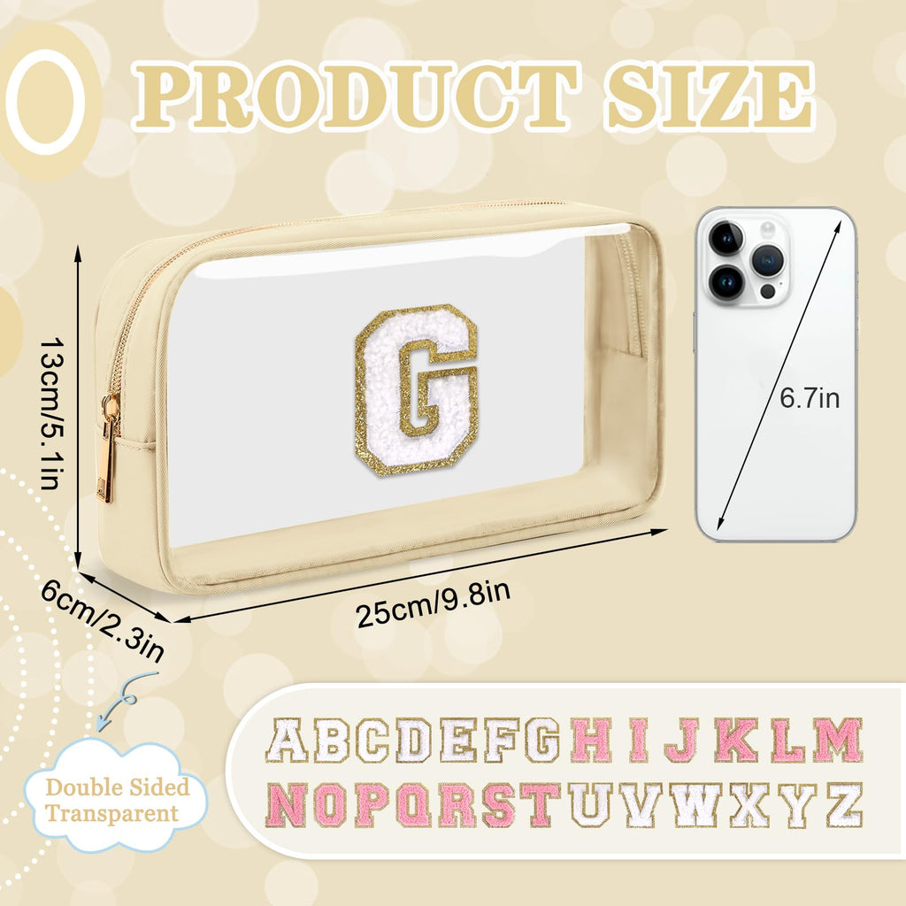 Small Clear Personalized Initial Makeup Bag,Nylon Preppy A-Z Chenille Letter Patch Cosmetic Pouch Beach Toiletry Bag,Waterproof Zipper Travel Purse Storage Bag Organizer for Women Girls(Beige-White G)
