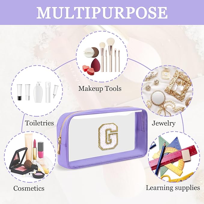 Small Clear Personalized Initial Makeup Bag,Nylon Preppy A-Z Chenille Letter Patch Cosmetic Pouch Beach Toiletry Bag,Waterproof Zip Travel Purse Storage Bag Organizer for Women Girls(Purple-White G)