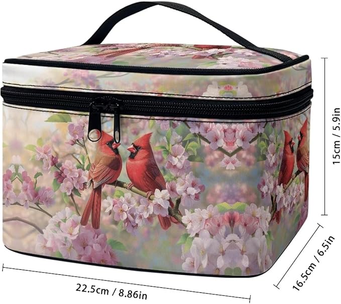 Drydeepin Cardinal Pink Cherry Blossom Print Travel Makeup Bags for Women Portable Tote Cosmetic Case with Carry Handle Toiletry Accessories Storage Organizer Bags