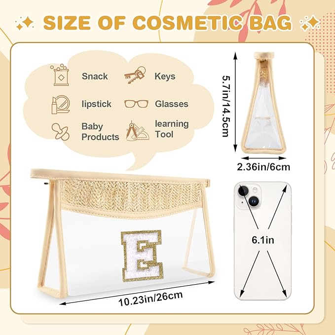 UIXIZQ Personalized Initial Letter Bag Boho Straw Clear Makeup Bag,Small Cute Chenille Varsity Letter Bag With Zipper,Beach Travel Toiletry Bag,Portable Monogrammed Cosmetic Bag for Women Girls,E