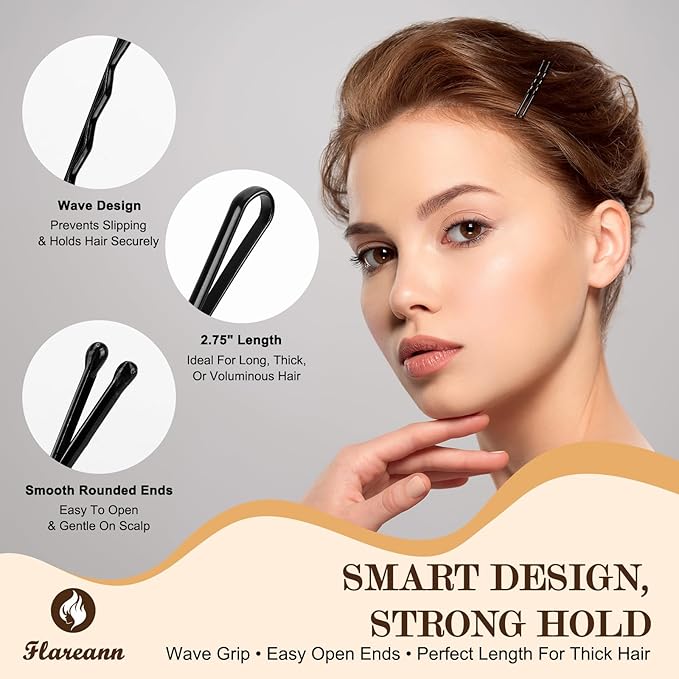 FLAREANN Black Bobby Pins Set with U Shape Pins, Spiral Pin & Snap Clips