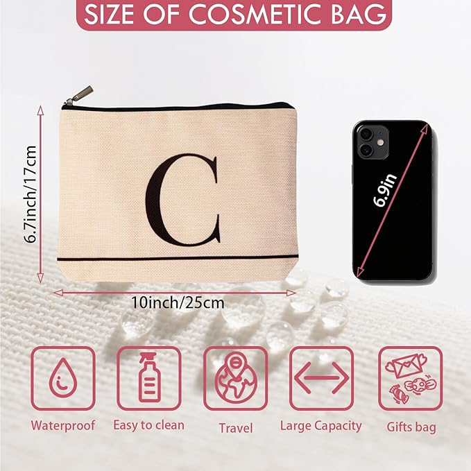 HDYHDY Letter A-Z Initial Personalized Makeup Bags, Birthday Gifts for Women, Monogrammed Gifts for Women Mom Sister Best Friend Bride Bridesmaid, Mothers Day, Christmas, Small Travel Cosmetic Bag (C)