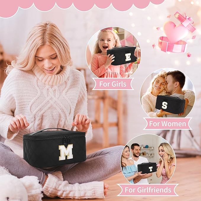 OCHEAL Makeup Bag for Women, Monogram Cosmetic Bag Black Travel Makeup Case Beauty Toiletry Bag Organizer Personalized Gifts for Girls Bridesmaid, Sister, Wife, Friends Initial M