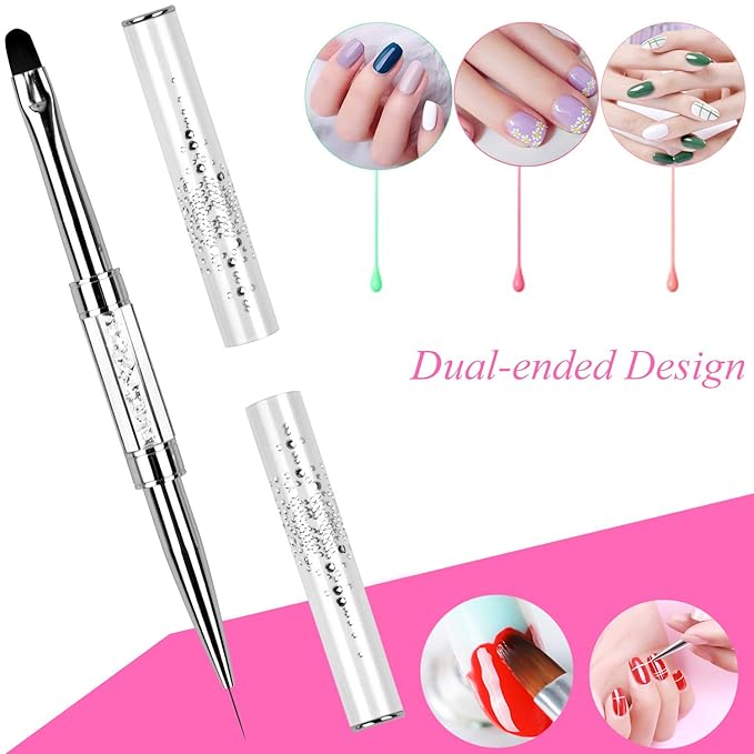 Ycyan 1Pcs Dual-ended UV Builder Gel Nail Brush Rhinestone Handle Nail Art Liner Brush Polygel Hard Gel Nail Brushes White