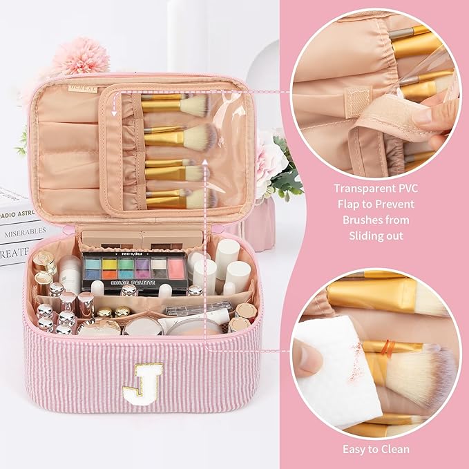 OCHEAL Makeup Bag for Women, Monogram Cosmetic Bag with Brush Holder, Pink Travel Makeup Case Beauty Toiletry Bag Organizer Personalized Gifts for Girls Bridesmaid, Sister, Wife, Friends Initial J
