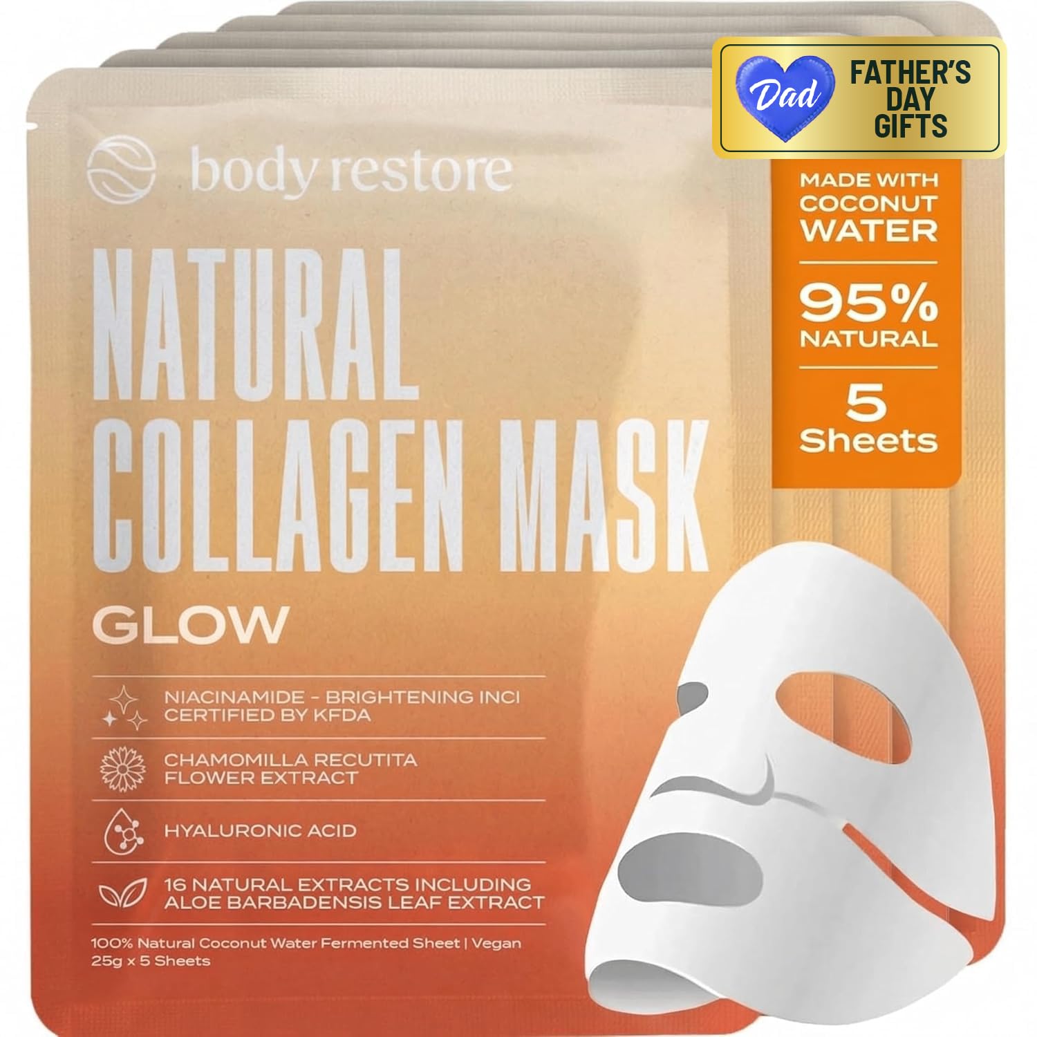 Body Restore Collagen Face Sheet Mask, Niacinamide - Glow Radiance 5 Pack