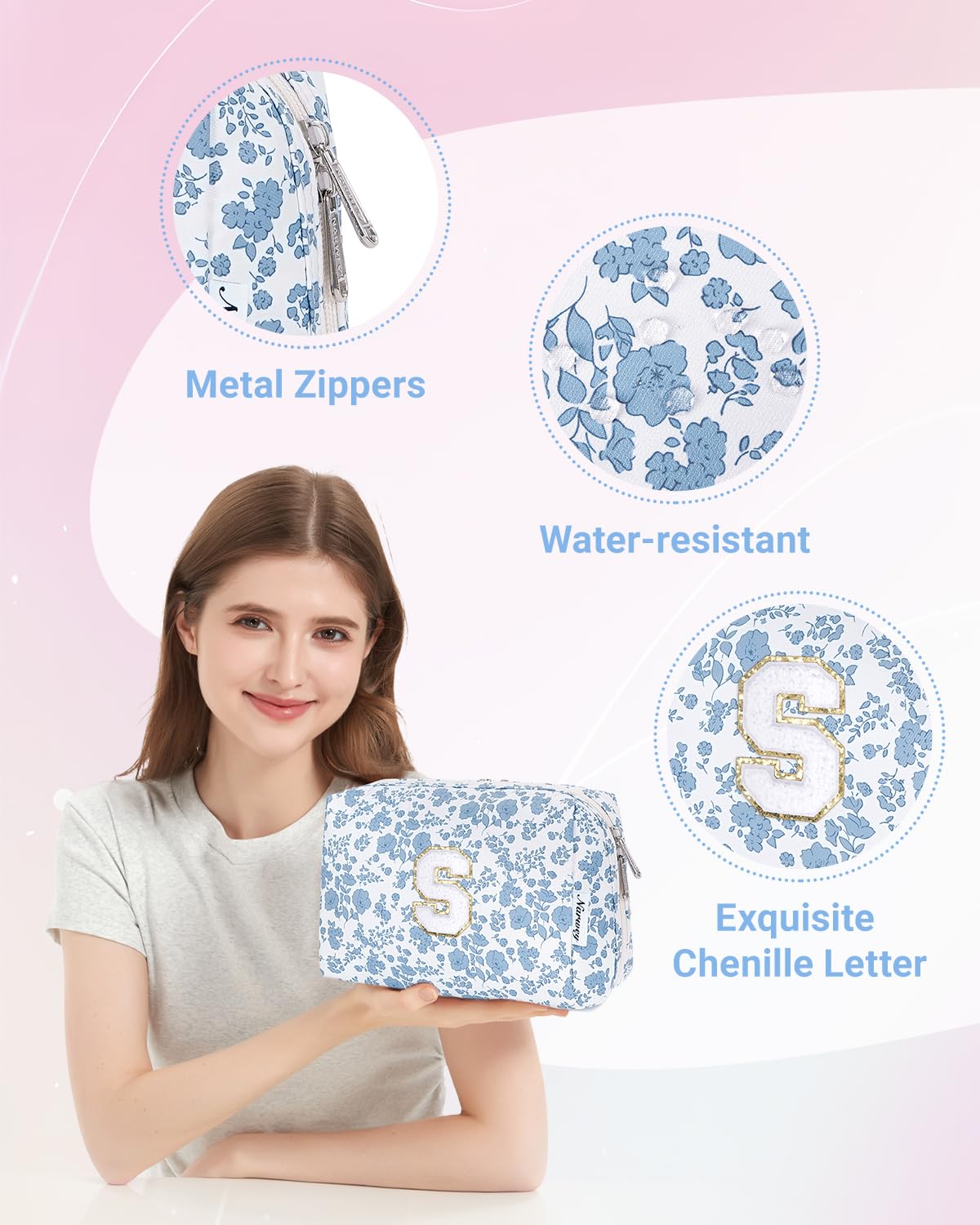 Narwey Birthday Gifts for Teen Girls Kids Women Personalized Initial Floral Makeup Bag Cute Cosmetic Trendy Stuff 6 8 10 11 12 13 14 16 18 Years Old Travel Toiletry Bag (Little Blue Flower S)