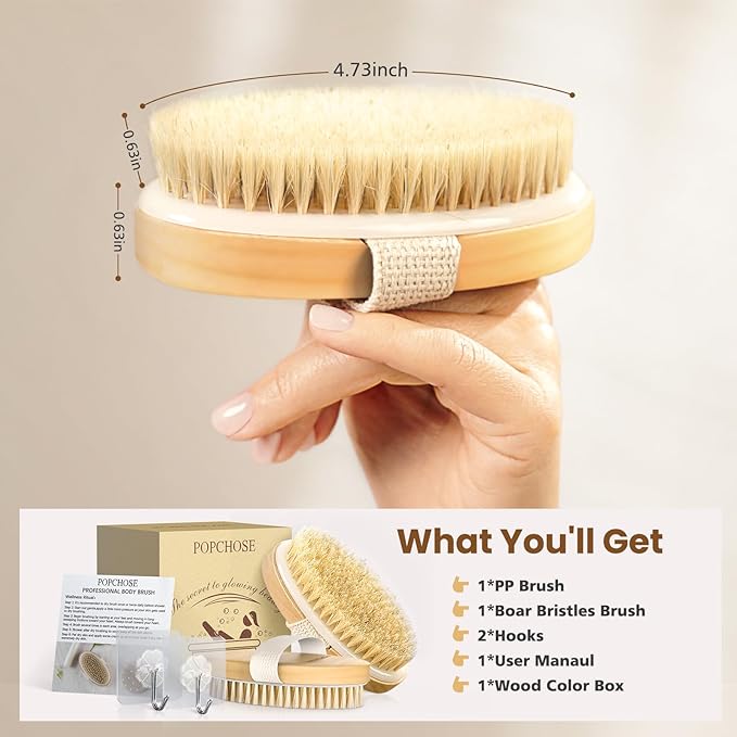 POPCHOSE Dry Brushing Body Brush, Natural Bristle Exfoliating Brush