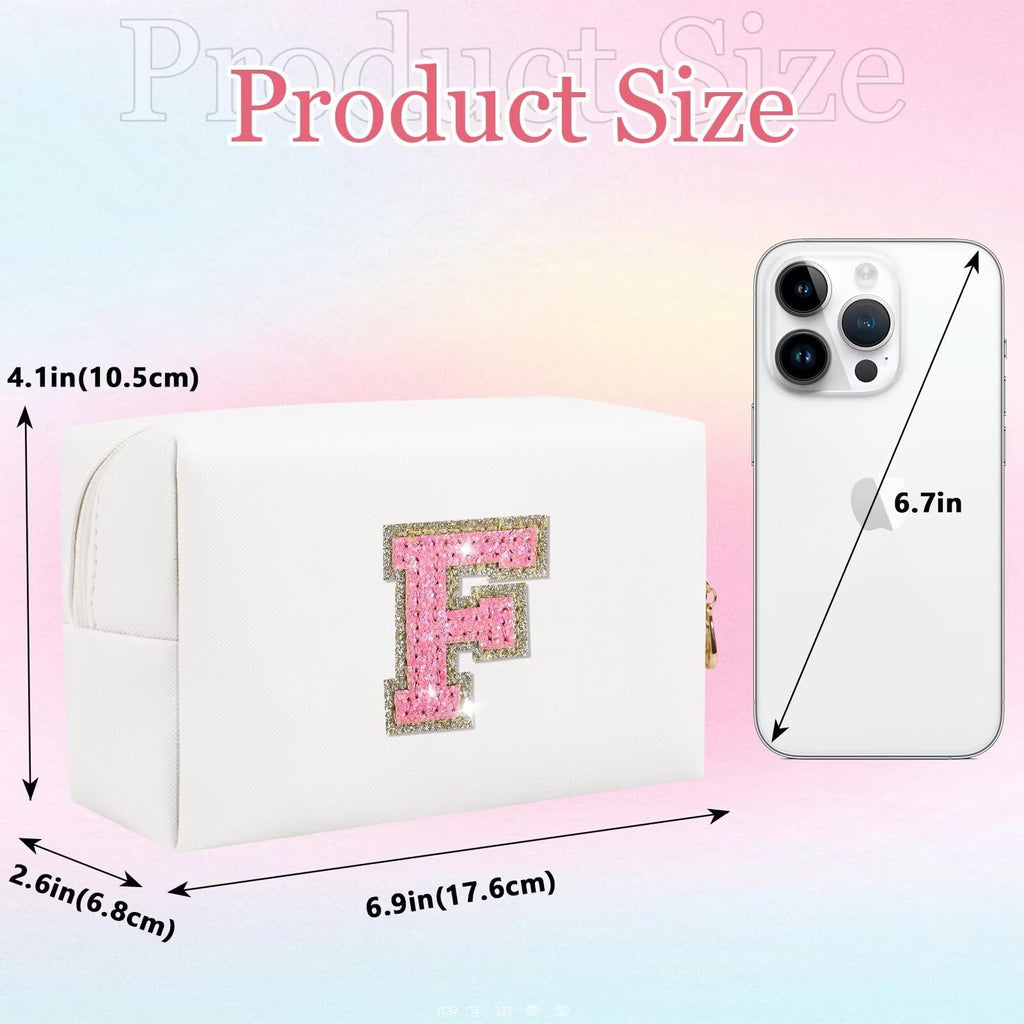 Glitter Initial Letter Makeup Bag, Small Personalized Sequins Letters PU Leather Cosmetic Bag Portable Waterproof Makeup Zipper Pouch, Shine Handbag Organizer Travel Bag Gifts for Women&Girls(White-F)