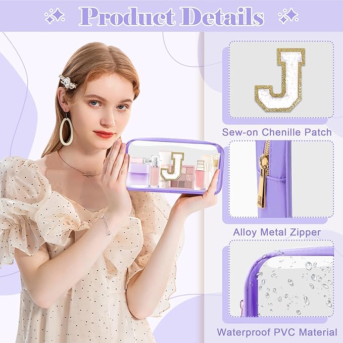 UIXIZQ Personalized Initial Letter Clear Makeup Bag,Preppy Small Nylon&PVC Cosmetic Zipper Bag with Chenille Letter,Travel Skincare Toiletry Bag,Monogram Christmas Gift for Teen Girls Women,J