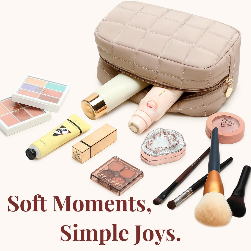 LOVELYWIND Makeup Bag, Quilted Puffy Travel Toiletry Bag with Compartments, Wide-Open Cosmetic Bag for Women, Pouch Purse Organizer, Camel
