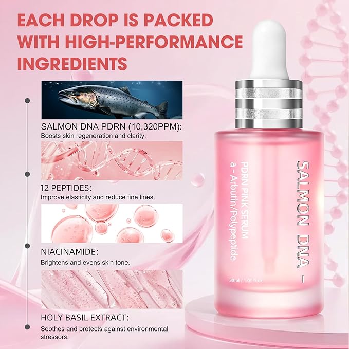 Pink PDRN Peptide Serum – Salmon DNA 10,320ppm with 12 Peptides & Niacinamide for Skin Repair, Hydration & Firming