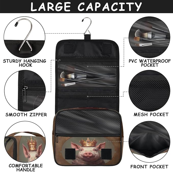 Travel Toiletry Bag for Women & Men Funny Animal Pig Hanging Cosmetic Organizer Portable Waterproof Makeup Case Make Up Bag with Compartments Travel Essentials for Bathroom Shower