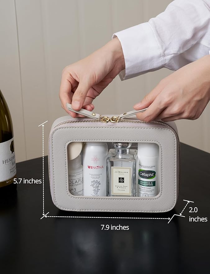 Popvibe Clear Makeup Case Toiletry Bag Travel Medium Clear Cosmetic Bag with Zipper, Small Make Up Bag Organizer Traveling TSA Approved Transparent Bag Car for Essentials, Beige Grey