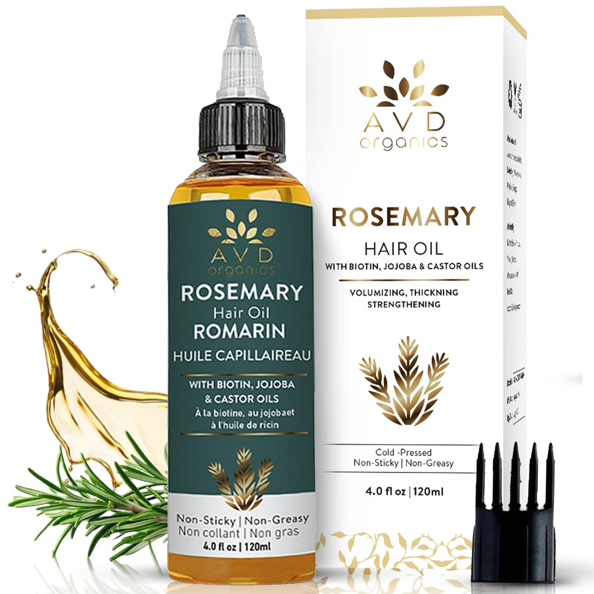 AVD ORGANICS Rosemary Oil for Hair Growth & scalp | Infused with Biotin | Hair Strengthening, Nourishing and Volumizing | infused with Jojoba & Castor Oil | NON - GMO 120ml