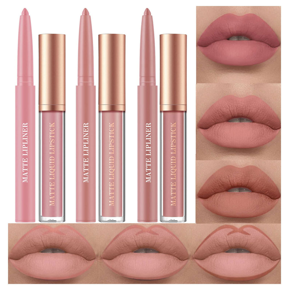BestLand 6Pcs Matte Liquid Lipstick and Lip Liner Set, Non-Stick Cup Not Fade Waterproof 24 Hour Lip Gloss Nude Brown Lip Liner Pencil for Women, labiales mate 24 horas originales (Set C)