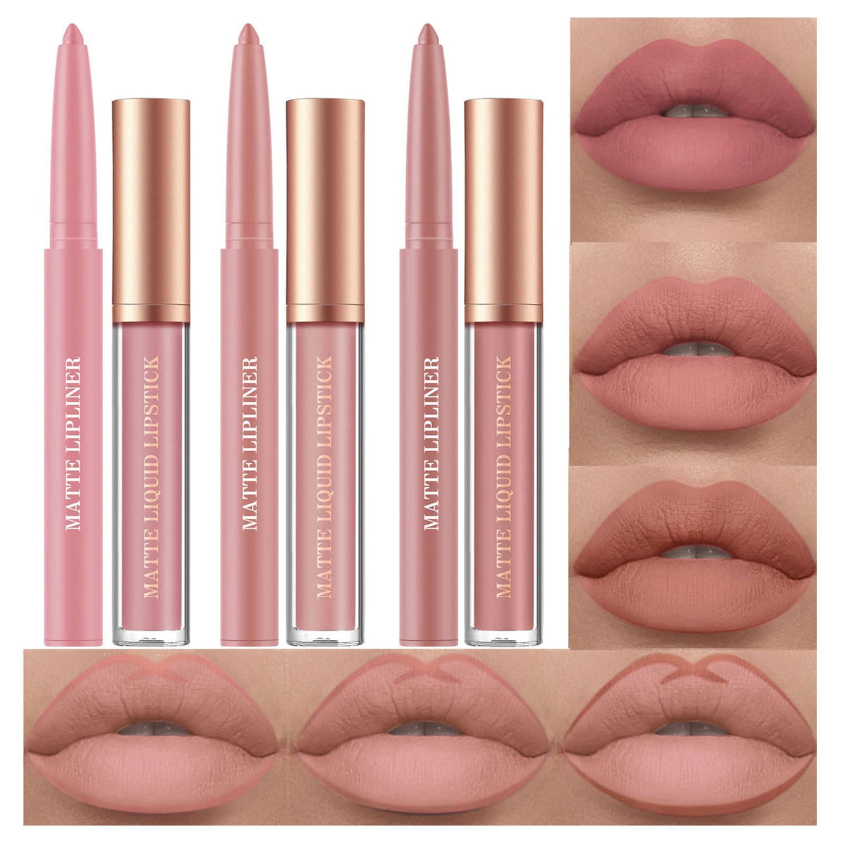 BestLand 6Pcs Matte Liquid Lipstick and Lip Liner Set, Non-Stick Cup Not Fade Waterproof 24 Hour Lip Gloss Nude Brown Lip Liner Pencil for Women, labiales mate 24 horas originales (Set C)