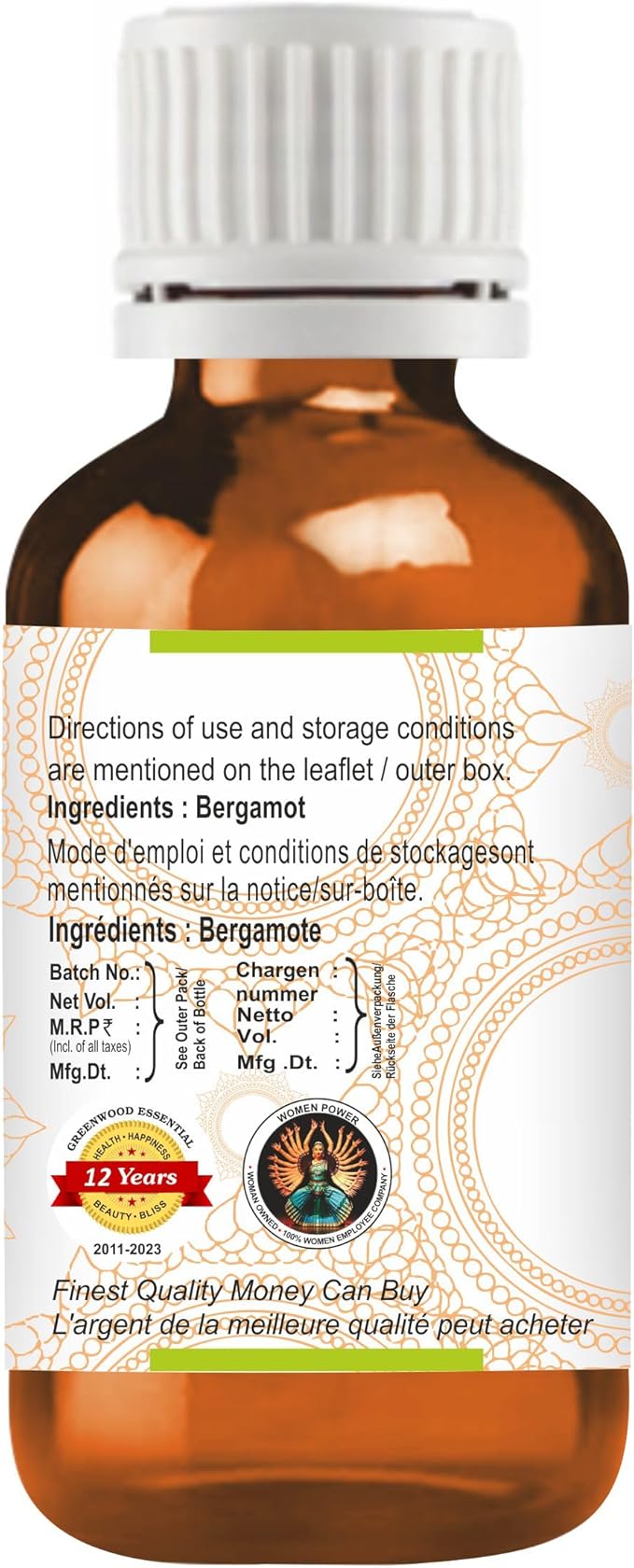 Greenwood Essential Pure Bergamot Essential Oil (Citrus bergamia) Steam Distilled 100ml (3.38 oz)