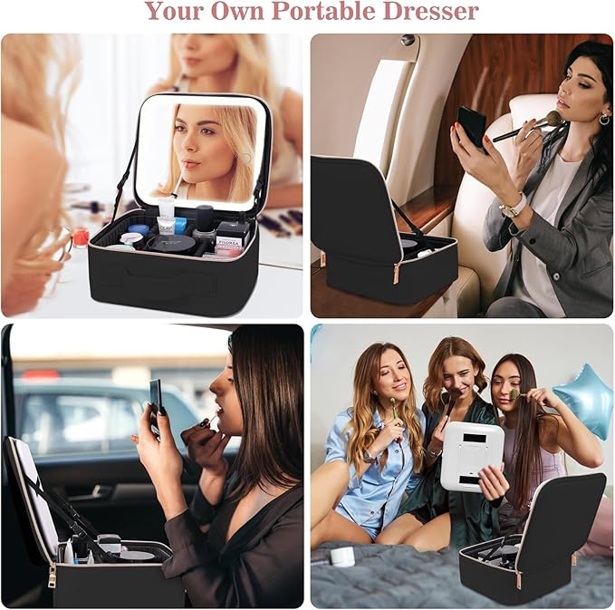 Comeacross Makeup Case with LED Mirror,Makeup Organizer Bag Travel Makeup Case Large Makeup Bag With Rechargeable Mirror 3 Color Lights Detachable Mirror for Women Beauty Tools Accessories（Black）