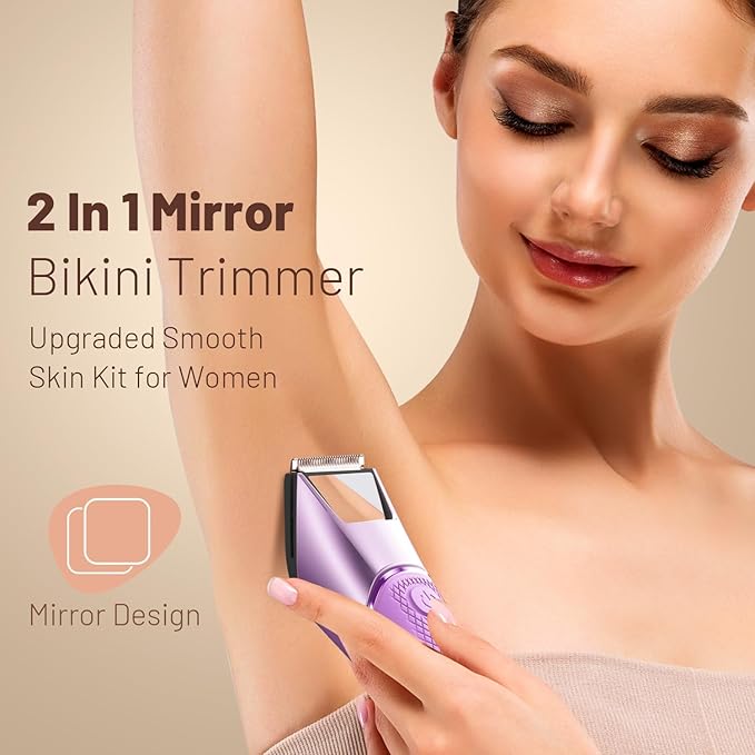 LGTGH Bikini Trimmer for Women: Pubic Hair Razor with Mirror & LED Light, Body Groomer IPX7 Waterproof Use for Legs/Arm/Underarm - Plum