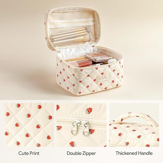 HBselect Quilted Makeup Bag, 3Pcs Cotton Large Travel Makeup Bags Organizer