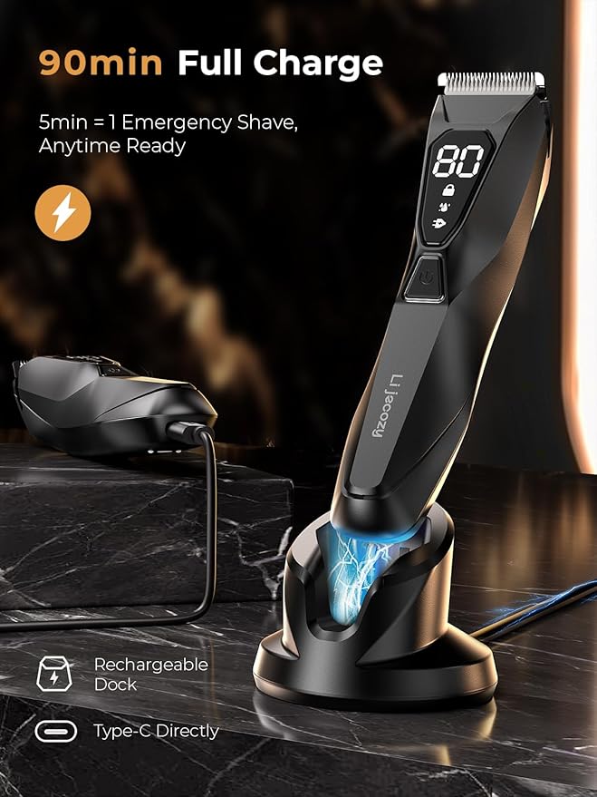 Lijecozy Pubic Hair Trimmer for Man - Cordless Body Hair Trimmer for Men - Electric Ball Shaver with Display & Light - Waterproof Wet/Dry Groomer kit for Groin - 4000K Light - Cosmic Black