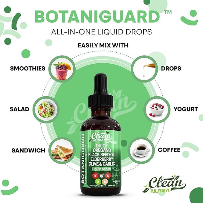 Clean Nutra Oil of Oregano Drops Black Seed Oil Elderberry Vitamin D D3 K2 Olive Garlic Immune Support Supplement Zinc Supplements Liquid 2 Fl Oz Vegan