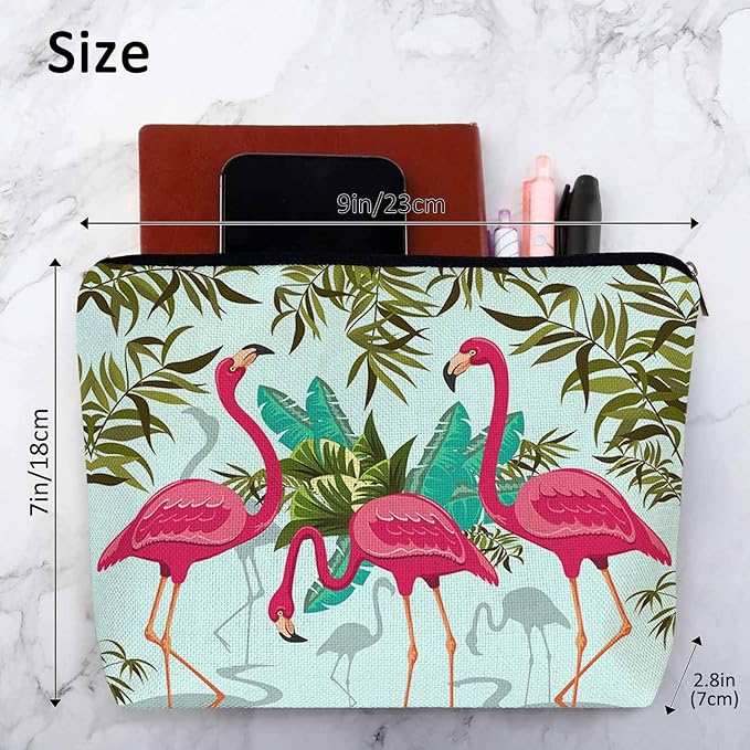 Kalygon Women Makeup Organizer Bag Flamingo Exotic Flamingo Tropical Palms Flax Cosmetic Bag Makeup Bags Toiletry Bag Accessories Organizer Travel Bags For Home Bathroom Office Hotel Gym Pink Green