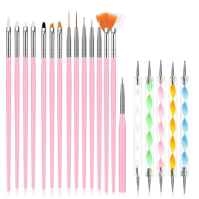 Whmeolyo 20Pcs Nail Art Brushes Tool Set, Nail Art Double-End Tools, Nail Liner Brushes, Silicone Pen Dotting Pen Tools Nail Art Kit for Home Nail Art DIY Salon Use-Pink