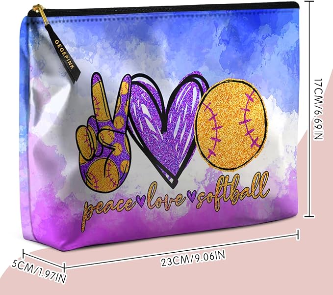 GEGEPINK Cute Makeup Bag for Purse Waterproof Cosmetic Bags for Women Funny Smooth Zipper Travel Toiletry Pouch 10X8 Inches-Peace Love Softball Makeup pouch