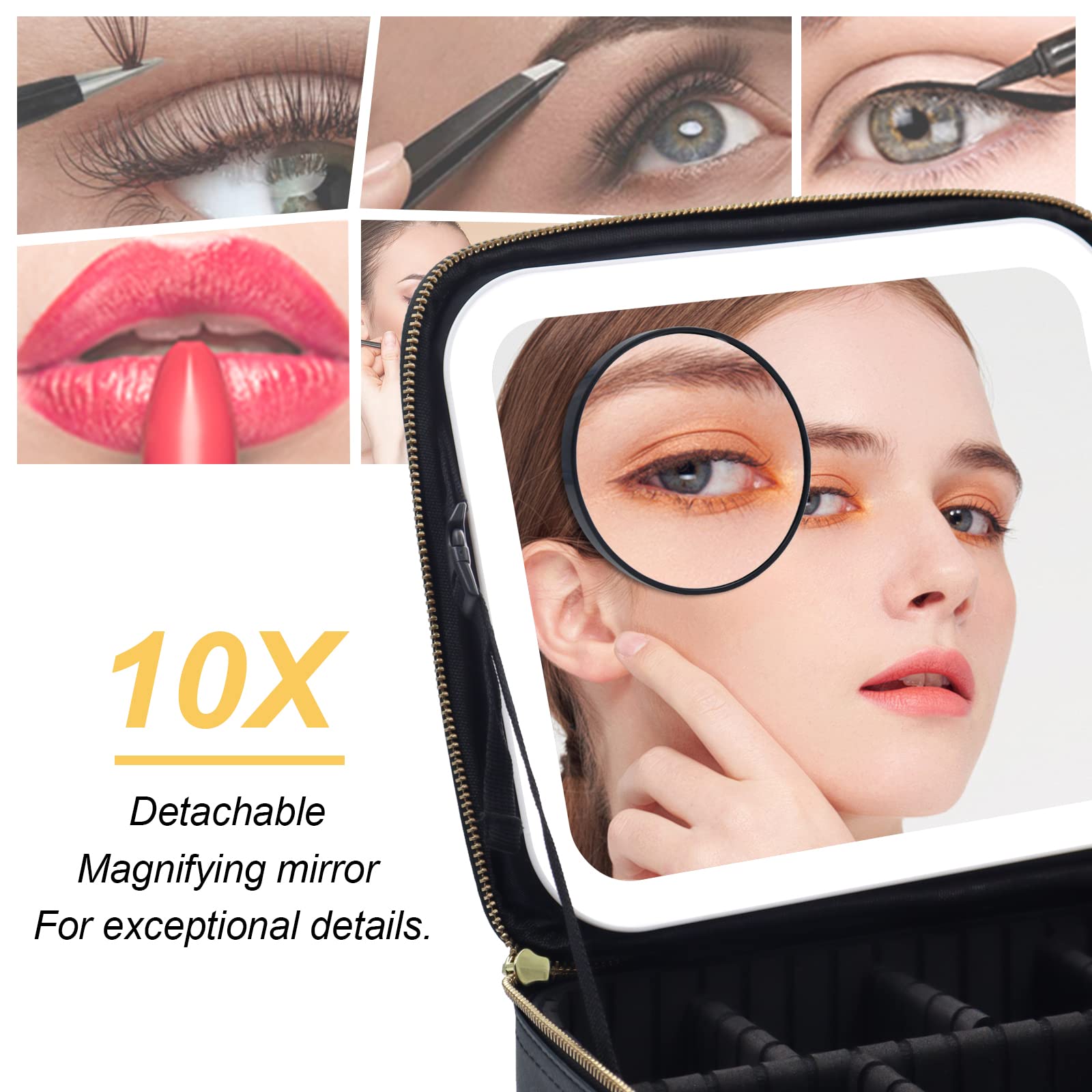 Jadazror Makeup Bag with Light Up Mirror, Lighted Travel Makeup Organizer 3 Colors Adjustable Brightness, Makeup Bag with Mirror and Light, Travel Train Case Portable Cosmetic Bag for Women(Leopard)