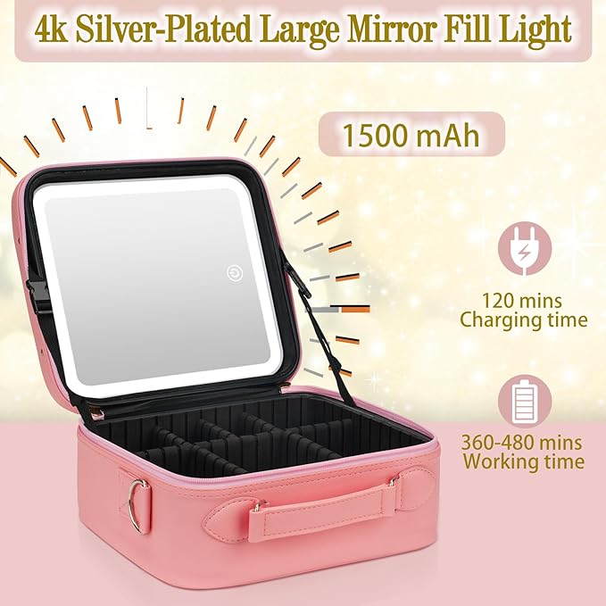 ViKert Travel Makeup Bag with Light Up Mirror,Makeup Travel Case with adjustable dividers,Waterproof Makeup Train Case,lighted Makeup Case with Detachable Mirror