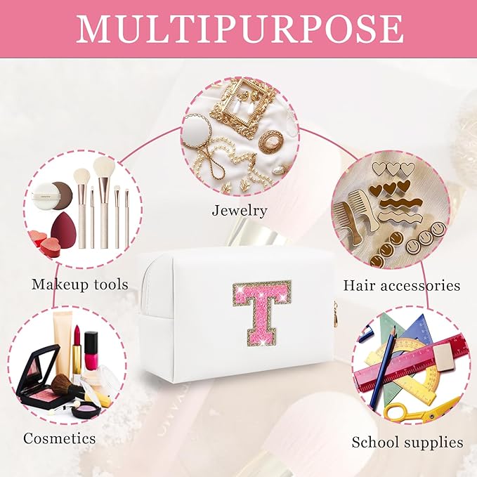 Personalized Initial Letter Makeup Bag, Small Preppy Glitter Letter Cosmetic Pouch PU Waterproof Zipper Travel Toiletry Bag, Unique Letter Patch Makeup Organizer Gift for Women Teen Girls(Letter T)