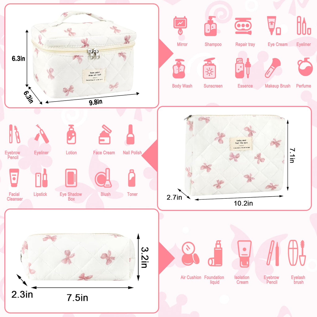 URSKYTOUS 3Pcs Cotton Quilted Makeup Bag for Women Extra Large Coquette Small Floral Travel Cosmetic Bag Set Aesthetic Cute Bow Makeup Pouch Portable Toiletry Bag Puffy Essential Storage Organizer