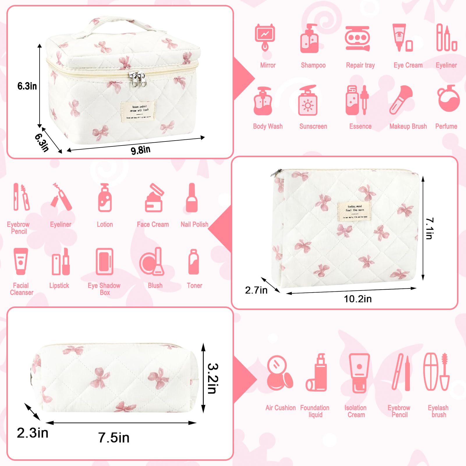 URSKYTOUS 3Pcs Cotton Quilted Makeup Bag for Women Extra Large Coquette Small Floral Travel Cosmetic Bag Set Aesthetic Cute Bow Makeup Pouch Portable Toiletry Bag Puffy Essential Storage Organizer