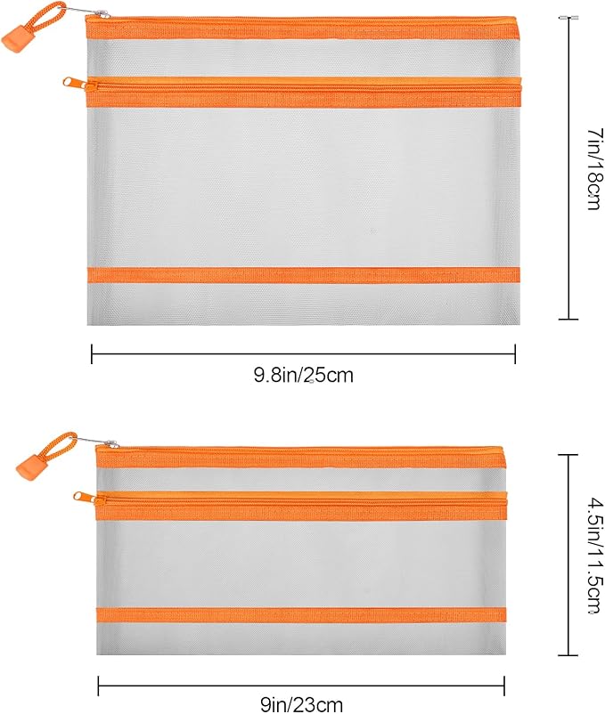 Sinzip 12 Pieces Zipper Nylon Mesh Pouch, Mesh Cosmetic Bags Makeup Bags Pencil Case, Multipurpose Travel Bags for Cosmetic School Office Supplies and Travel Accessories (2 Layers-Grey, A5)