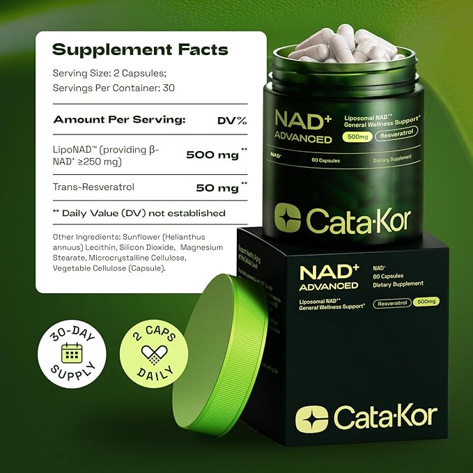 Cata-Kor Liposomal NAD Supplement with Resveratrol – NMN Supplement Alternative – 60-Day Supply – Third-Party Tested – 120 Capsules – Advanced NAD+ Resveratrol -Pack of 2