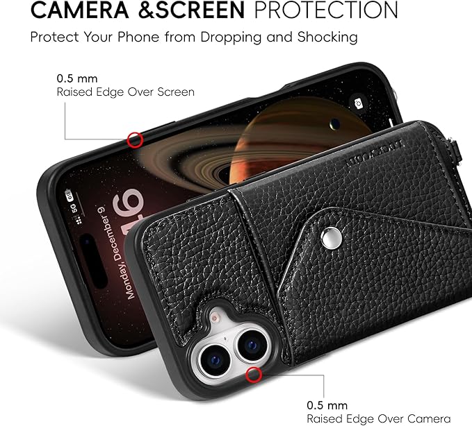 LUCKYCOIN Crossbody Phone Case for iPhone 17,100% Genuine Leather Phone Wallet Case for Women, Fashion Premium Hands-Free Phone Purse with Expandable Flip Card Holder & Adjustable Strap - Pebble Black