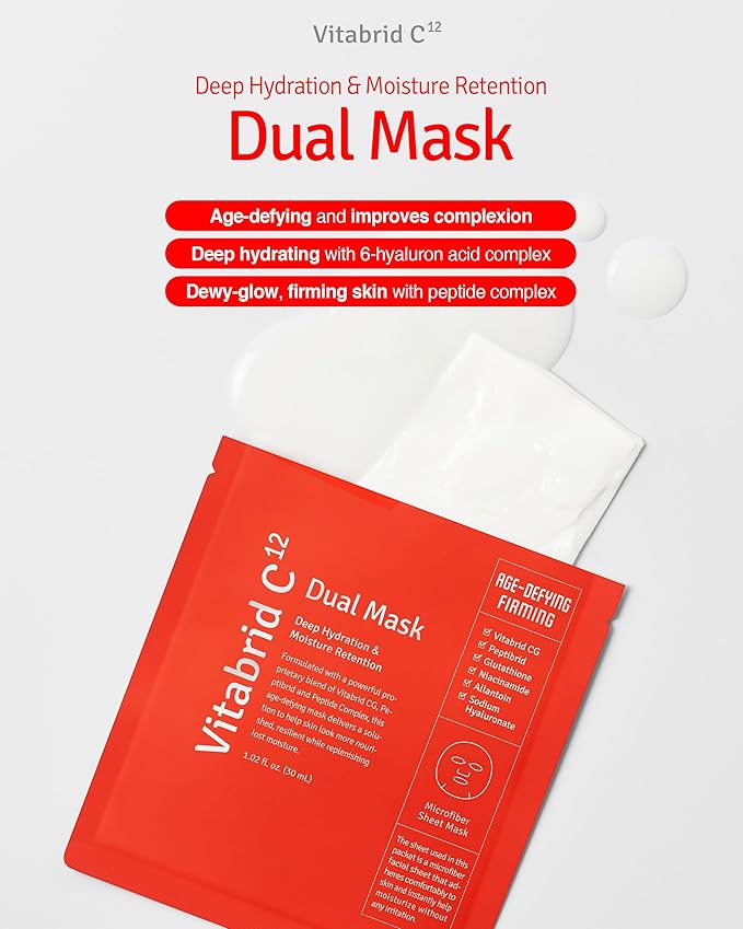 VITABRID C12 Dual Mask Korean Face Mask for Anti Aging, Firming, Hydrating, Nourishing with Highly Concentrated Peptide, Vitamin C Essence - Hypoallergenic Microfiber Sheet, 1.02 fl.oz. 5 Sheets