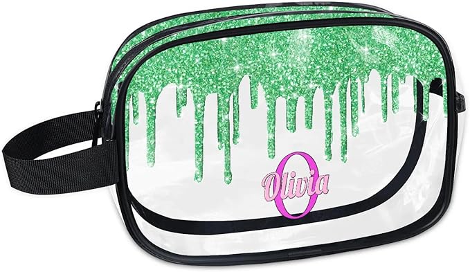 KFNHN Personalized Name Toiletry Bag, Transparent PVC Large Travel Cosmetic Bag Portable Makeup Organizer Bag for Women Bathroom Shower Essentials, Water Flow Shape Lime Green Glitters