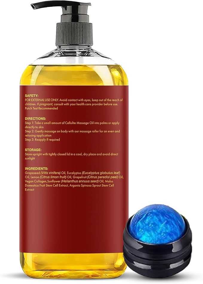 Majestic Pure Cellulite Massage Oil, Toning Body Blend, with Roller 8 Fl Oz