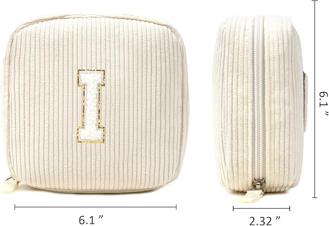 Cute Makeup Bag for Women - Monogram Personalized Initial Makeup Bags Cosmetic Pouch Make Up Case for Women Her Best Friend Friendship Sister Teacher, Birthday Gifts for Women (Letter I, Beige)