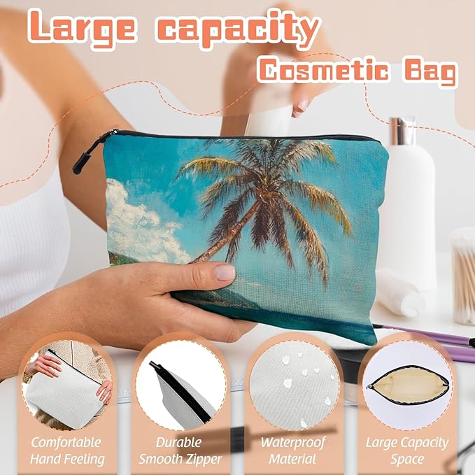 Scribesense Cosmetic Bags Travel Makeup Toilet Case Waterproof Pouch for Women Girls 6.7X9.45inches - Tilted Coconut Tree on A Tropical Beach